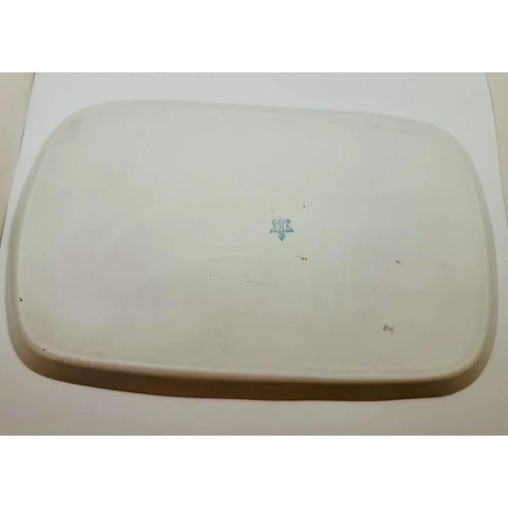 Antique ES Prussia Porcelain Dresser Tray Pink Roses Raspberry Border 11.25
